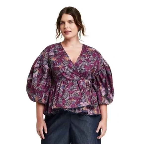 Kika Vargas For Target Colorful Purple Floral Balloon Sleeve Wrap Blouse Size 3X - Picture 2 of 10
